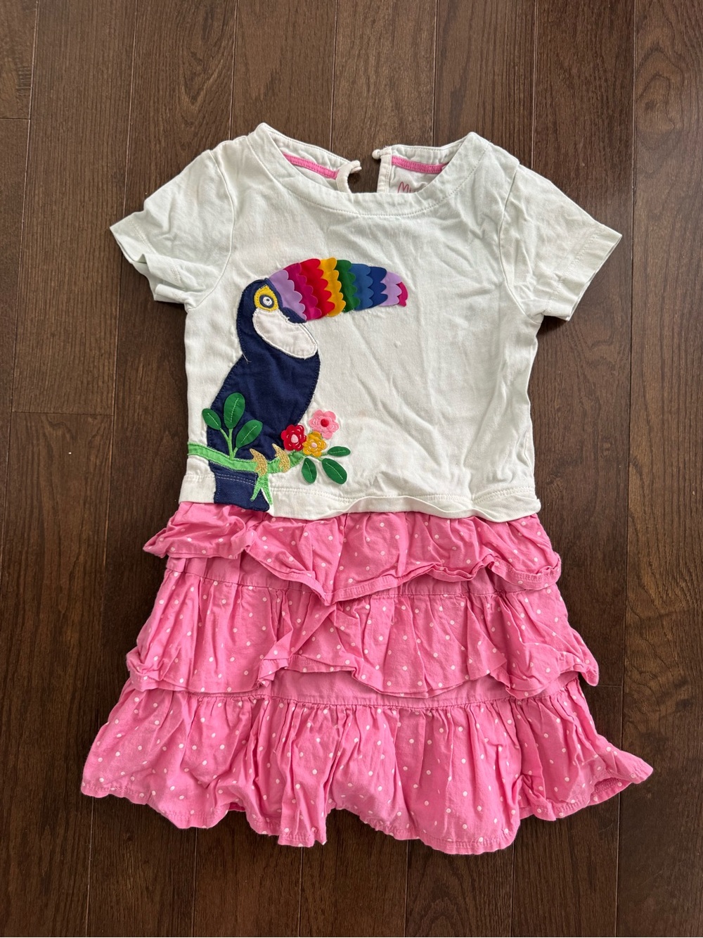 Mini Boden Girls White Top & Pink Ruffle Skirt Dress with Rainbow Toucan